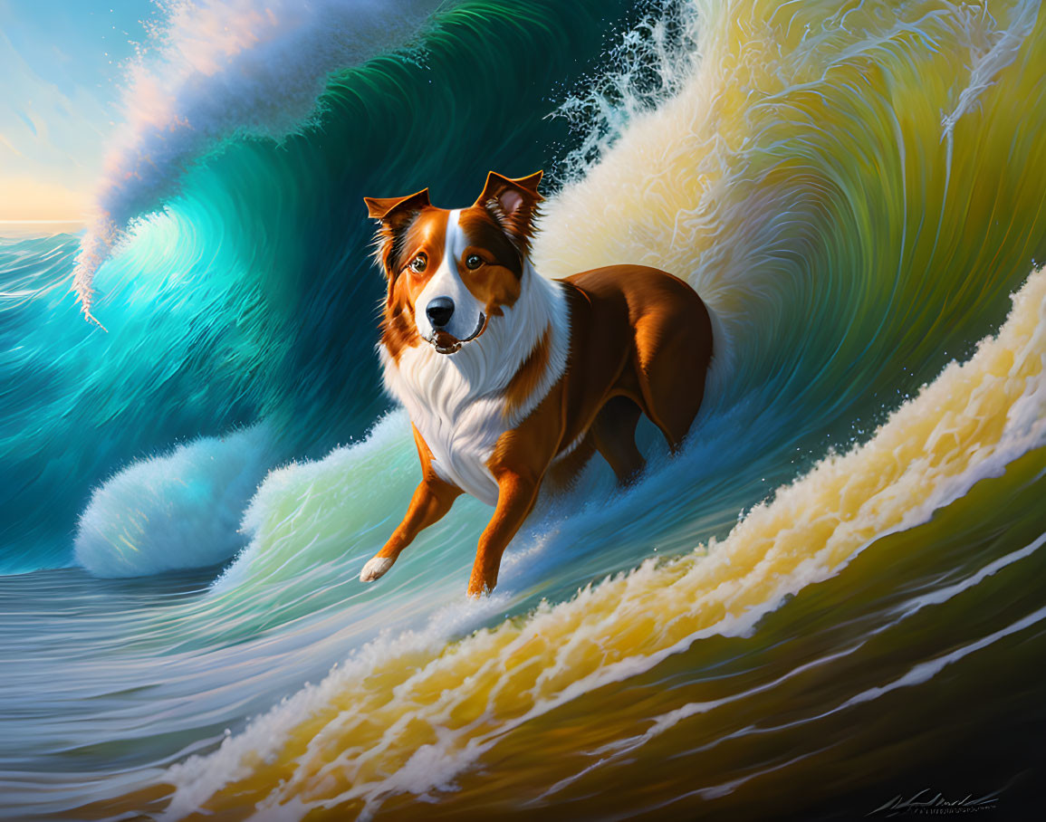 Brown and white dog surfing a large wave with dynamic water textures