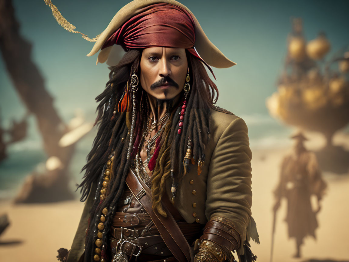 Male pirate portrait with tricorne hat, dreadlocks, mustache, ships, and sea.