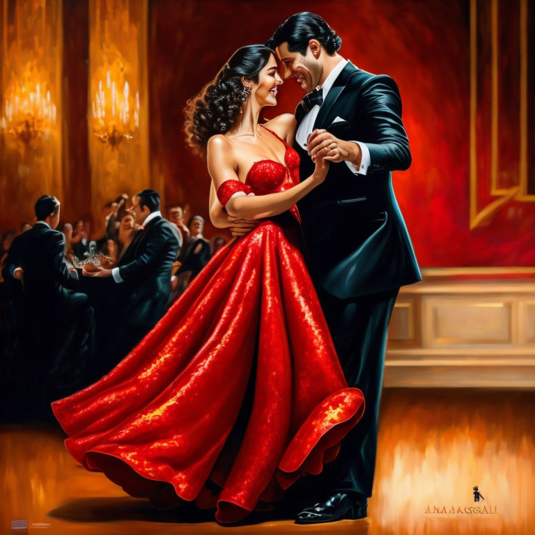 Intimate ballroom dance with elegant couple in red gown and tuxedo