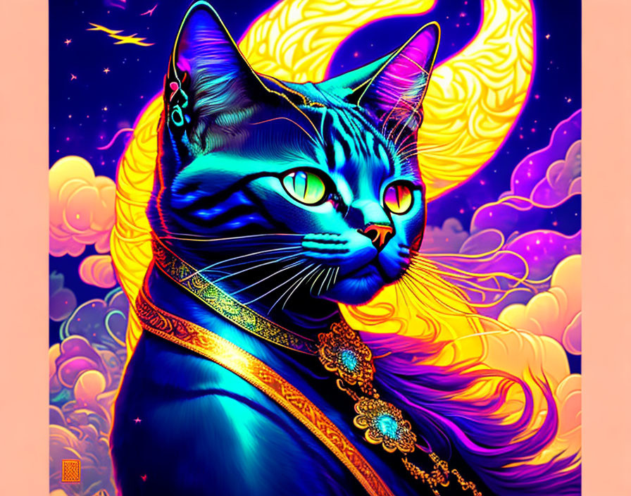 Colorful illustration: Majestic blue cat with gold jewelry in psychedelic setting