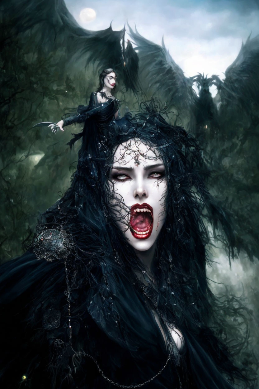 Gothic fantasy art: fierce woman in black attire with red eyes and fangs, looming figure