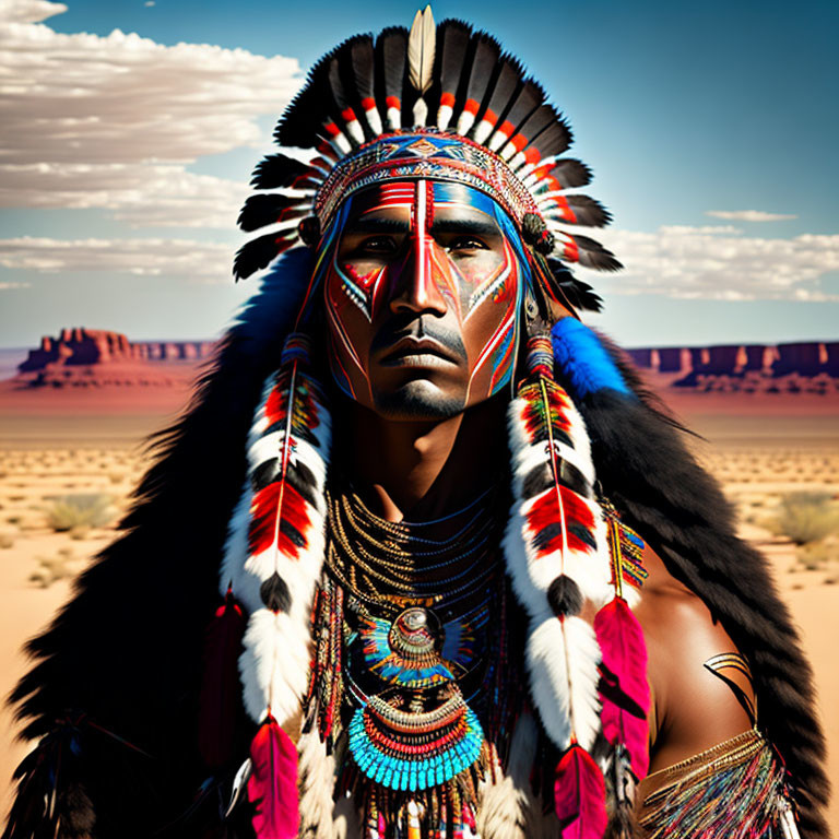 Native American man in regalia with feathered headdress and face paint in desert landscape