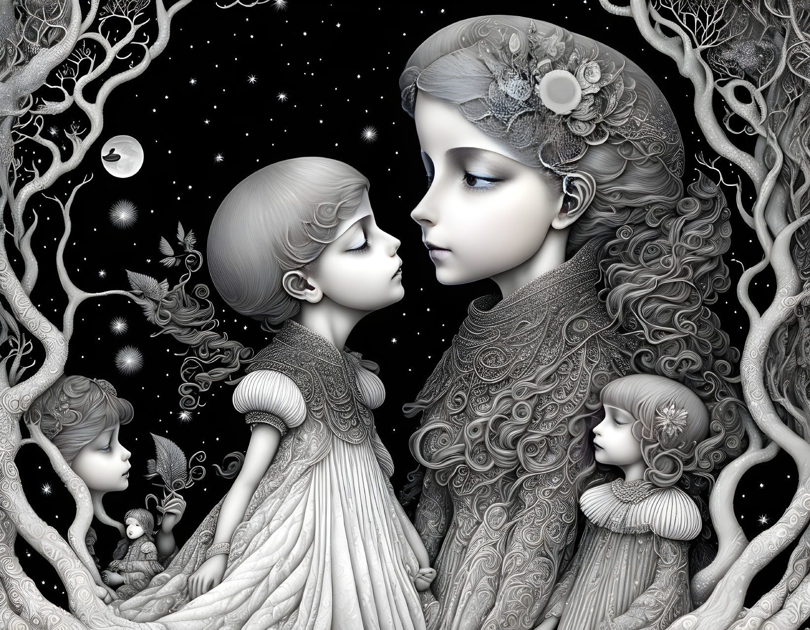 Monochrome fantasy art with central face and celestial backdrop