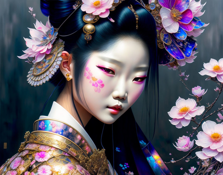 Digital artwork featuring woman with intricate hairstyles and traditional dress amidst cherry blossoms