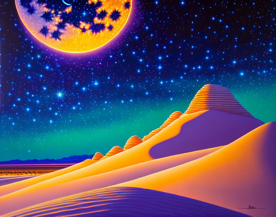 Surreal artwork: Oversized crescent moon with floral patterns on orange sand dunes