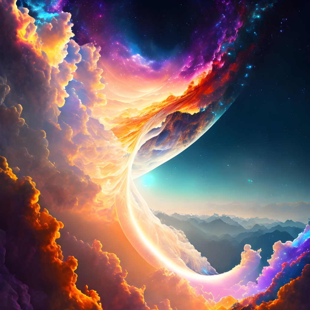 Surreal landscape with cosmic nebulae, fiery clouds, and mountain peaks