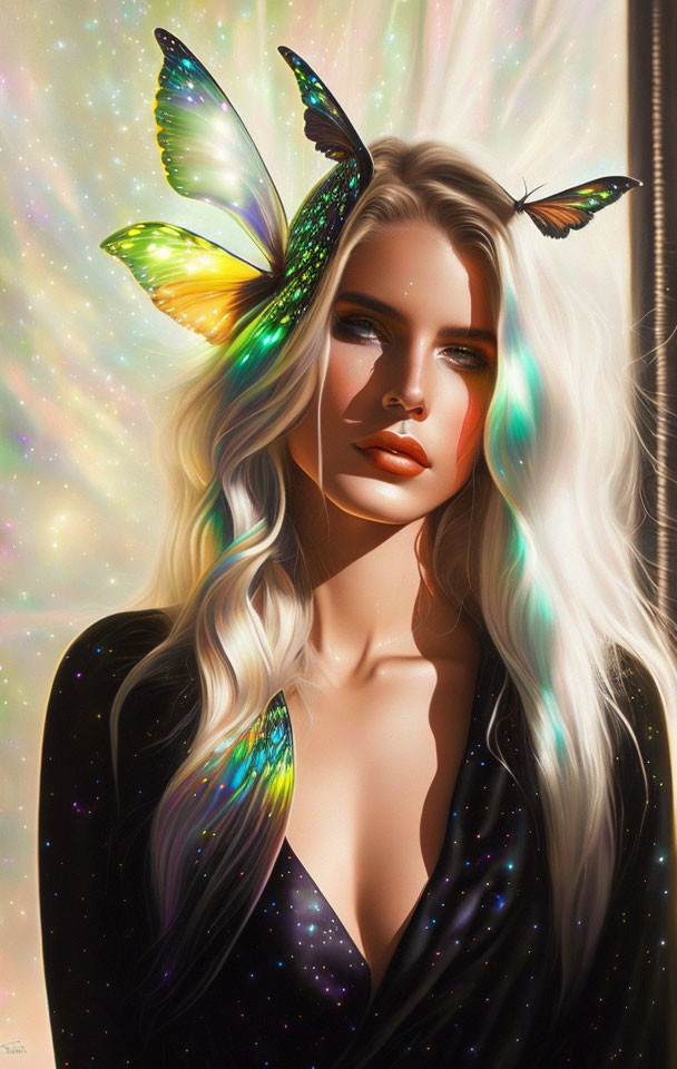 Digital Illustration of Woman with Luminescent Butterfly Wings and Sparkling Background
