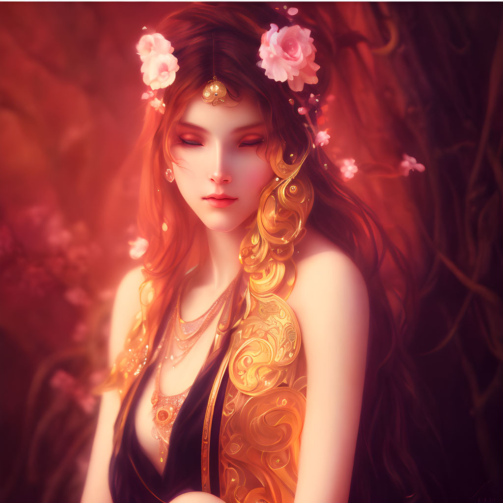Ethereal digital artwork of woman with golden hair and pink flowers in warm ambiance