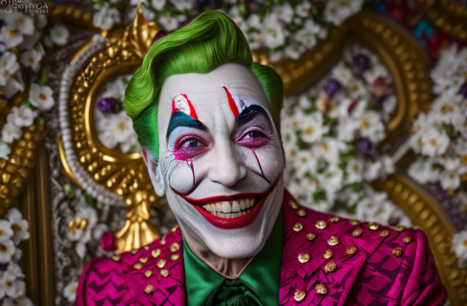 Person in Joker makeup and costume with green hairpiece against floral background