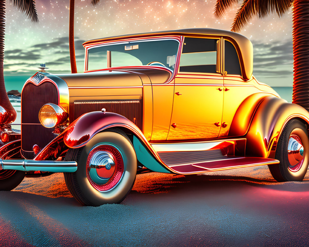 Classic Car Sunset Scene with Palm Trees and Vibrant Orange-Red Hues