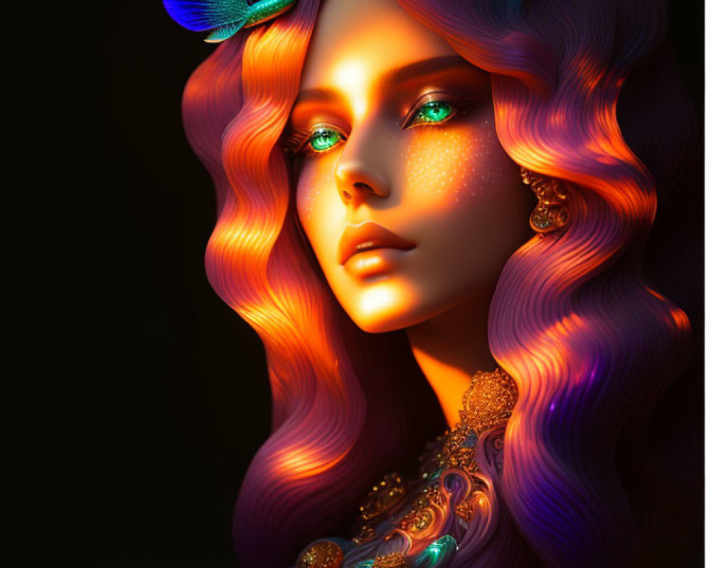 Vibrant woman with flowing hair and butterfly on head against dark background