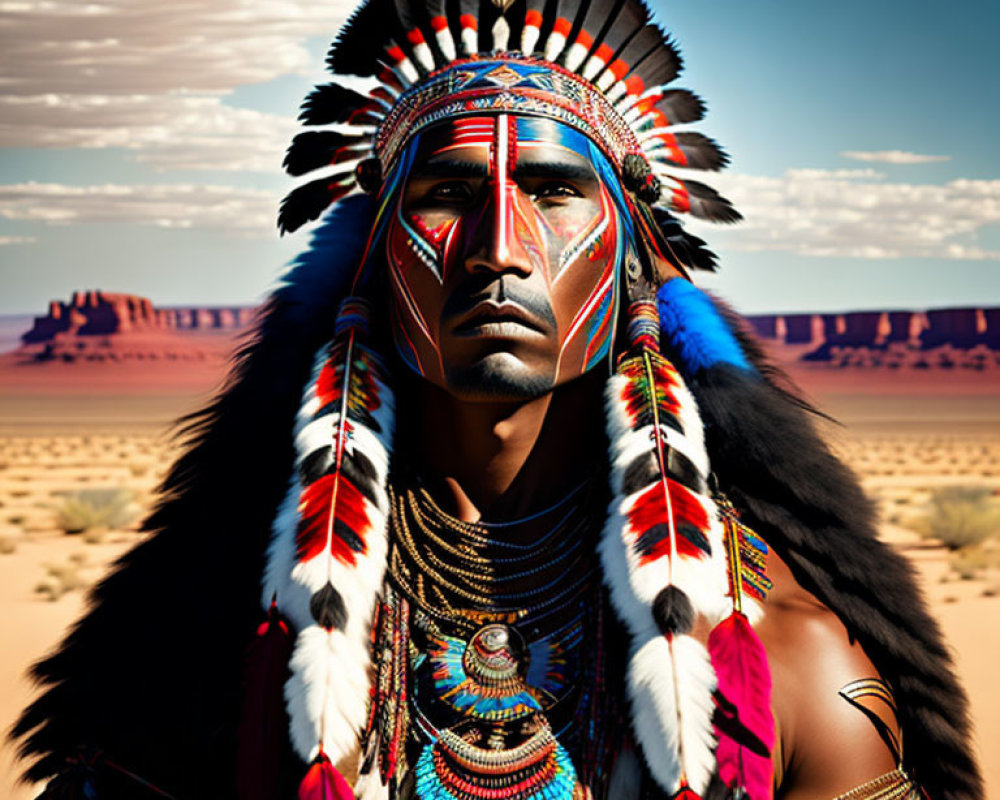 Native American man in regalia with feathered headdress and face paint in desert landscape