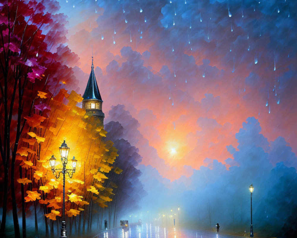 Colorful autumn trees, glowing street lamp, castle tower, and wet pavement in a rainy evening painting