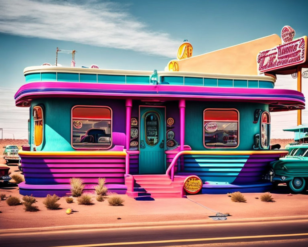 Colorful Retro Diner with Neon Lights and Classic Car in Blue Sky