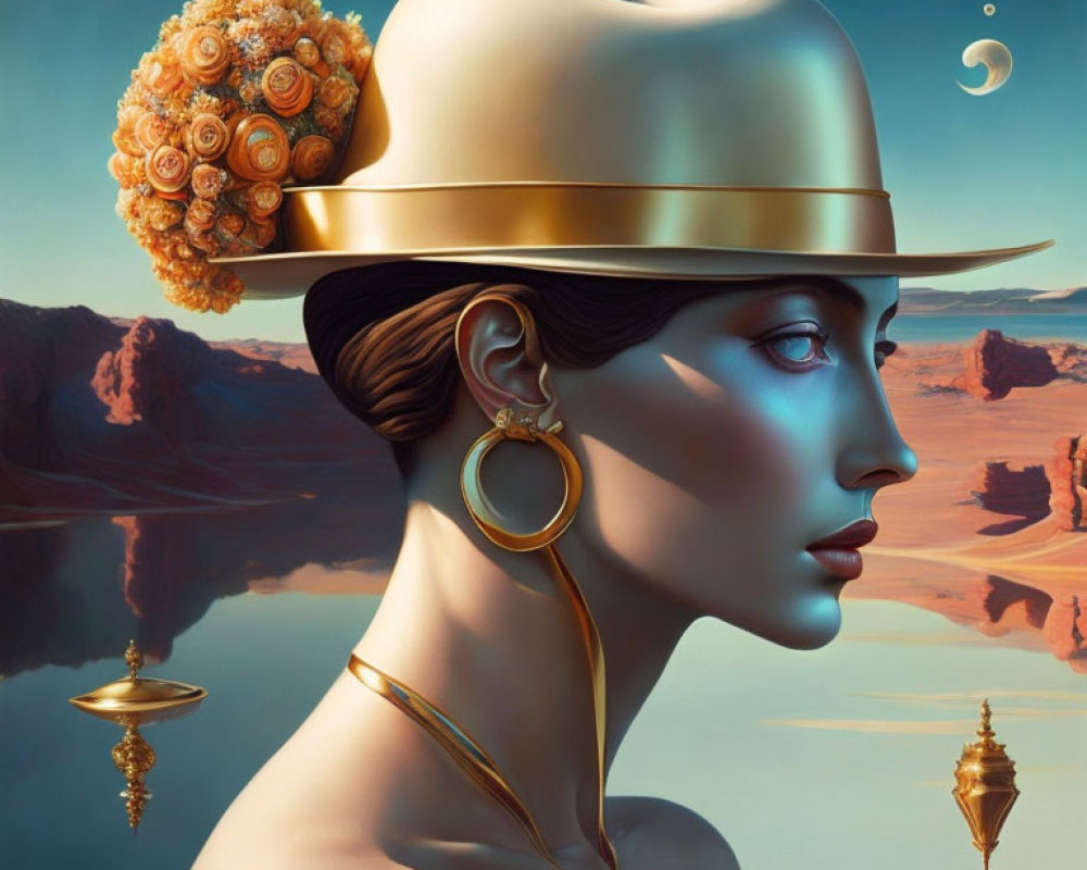 Surreal portrait of woman with blue-tinted skin and golden accessories in desert landscape