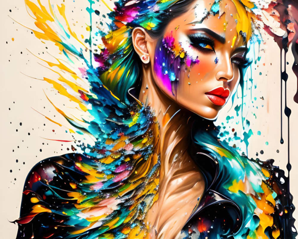 Colorful Abstract Portrait of Woman with Paint and Feathers