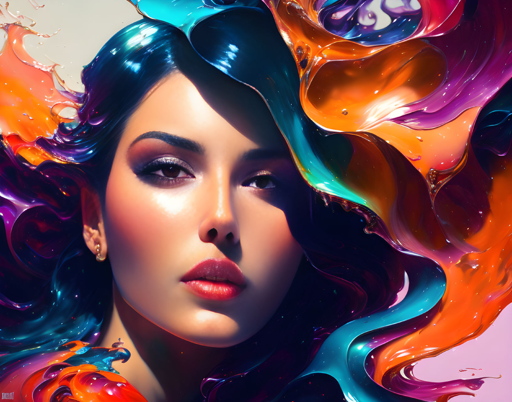 Colorful digital artwork: Woman with flowing hair merging into swirling paint patterns