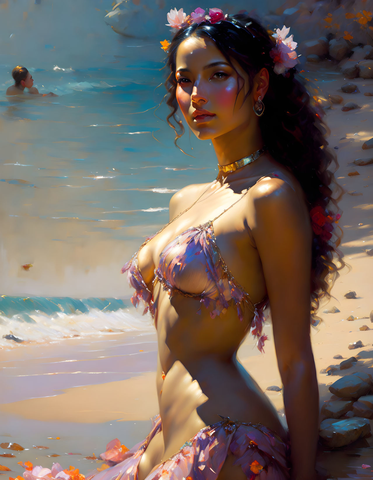 Digital painting of woman with flowers on beach with sparkling water