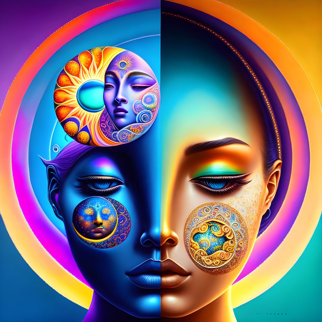 Colorful Digital Artwork Featuring Woman's Face with Sun and Moon Phases