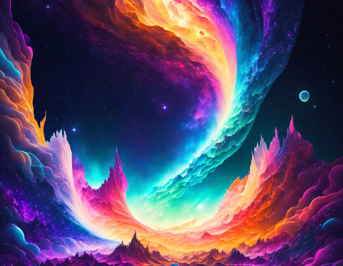Colorful digital artwork of cosmic nebulas and stars in surreal landscape