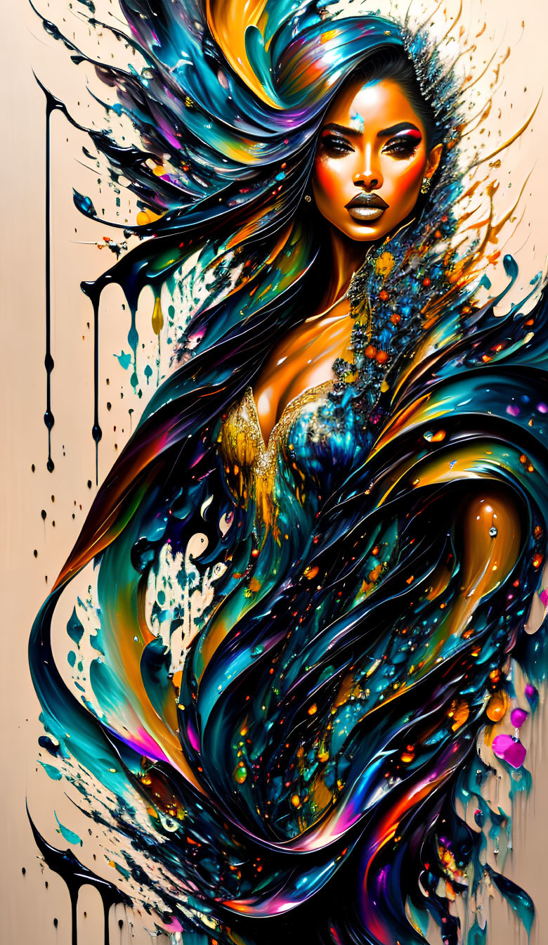 Colorful digital artwork: Woman with flowing hair in vibrant blues, golds, and abstract patterns
