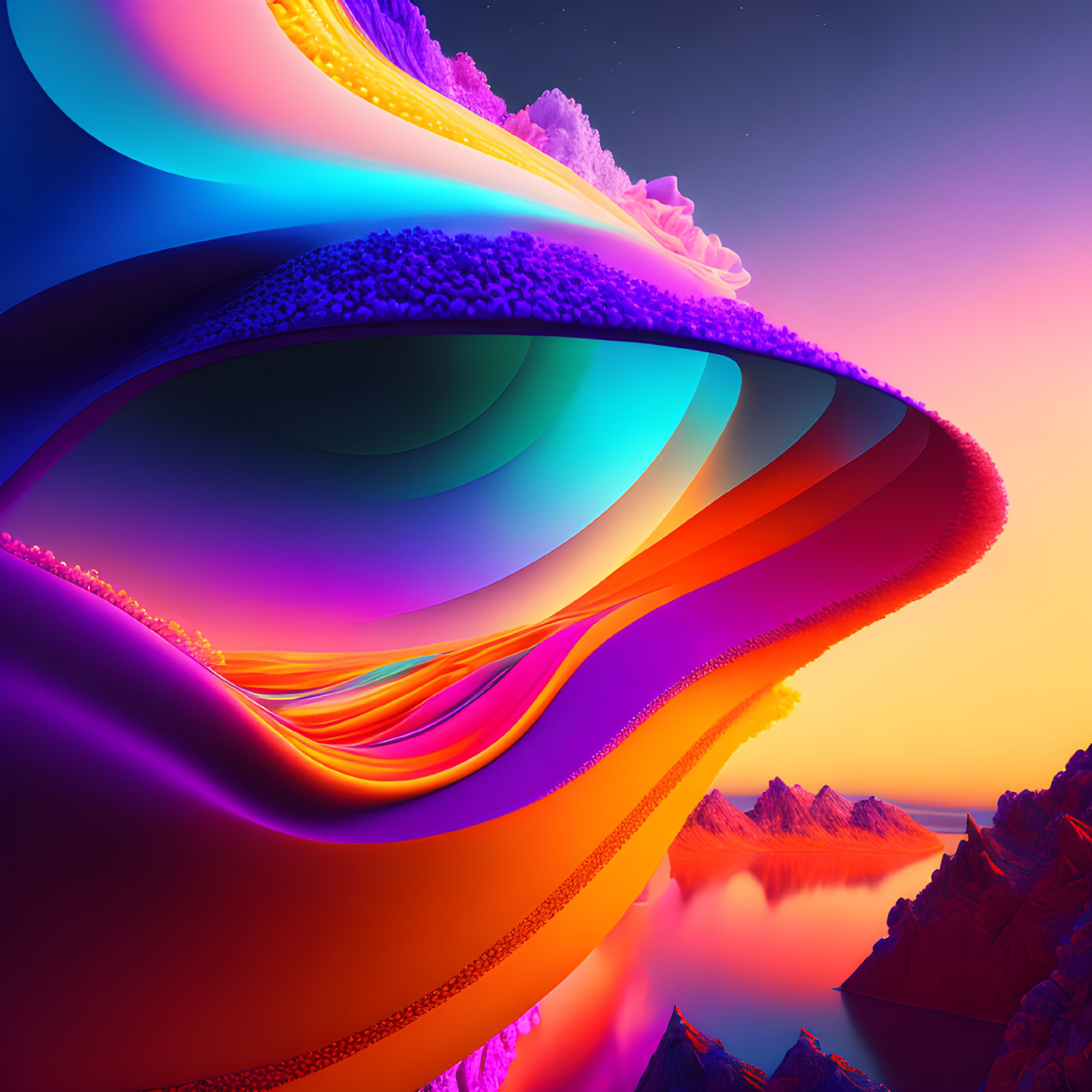 Colorful digital artwork: layered curves in orange, purple, and blue hues over tranquil water and mountain
