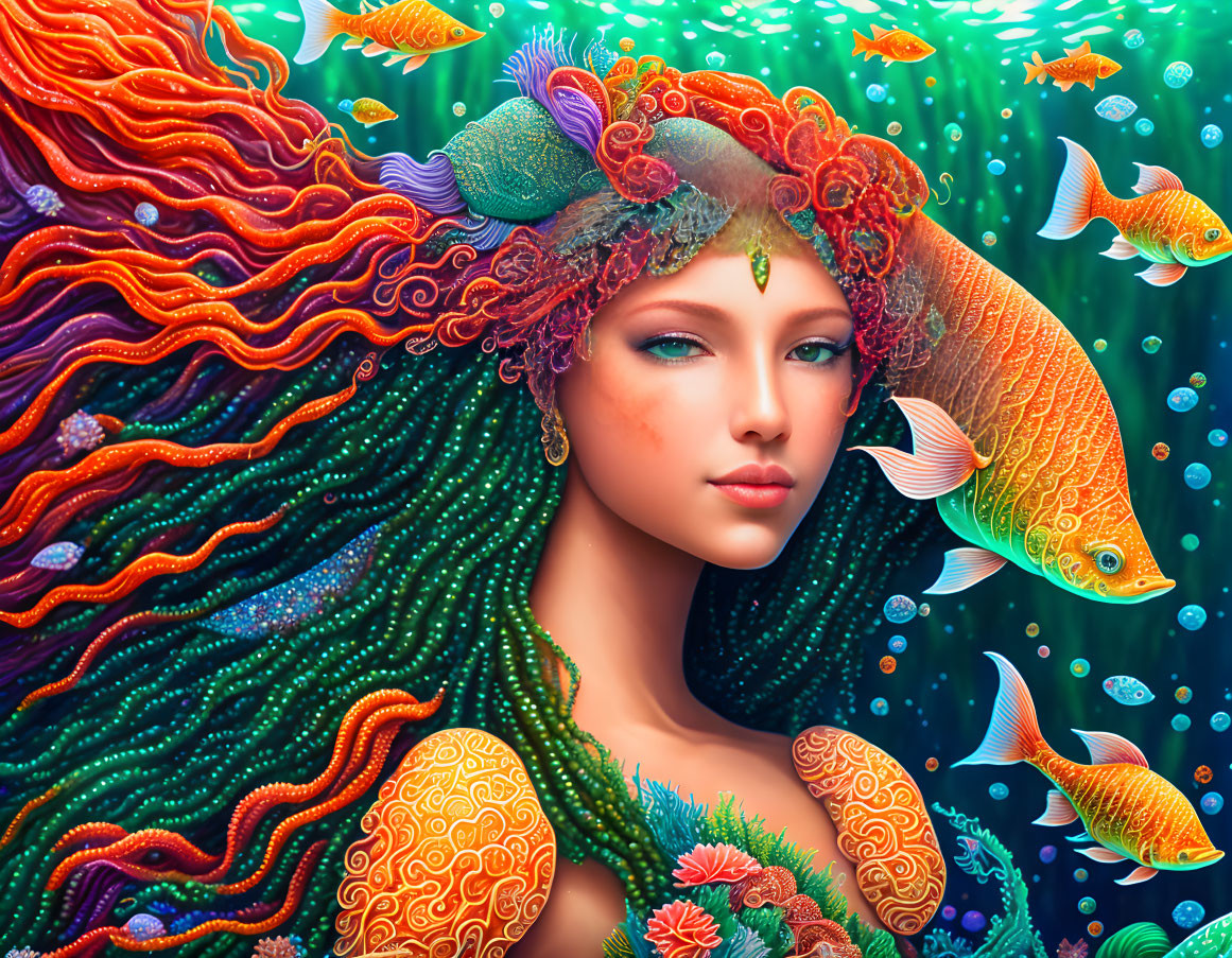 Colorful digital artwork of woman with coral reef hair and ocean decorations