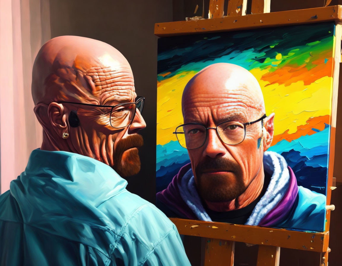 Bald Man with Glasses and Goatee Portrait Next to Vibrant Painting