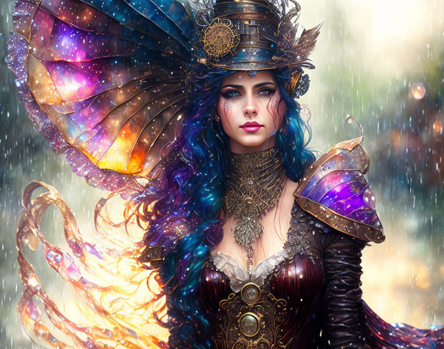 Fantastical woman with galaxy butterfly wings and steampunk attire.