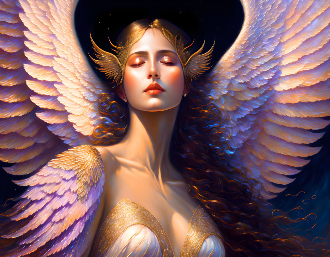 Mythical woman with golden horns and feathered wings on dark background
