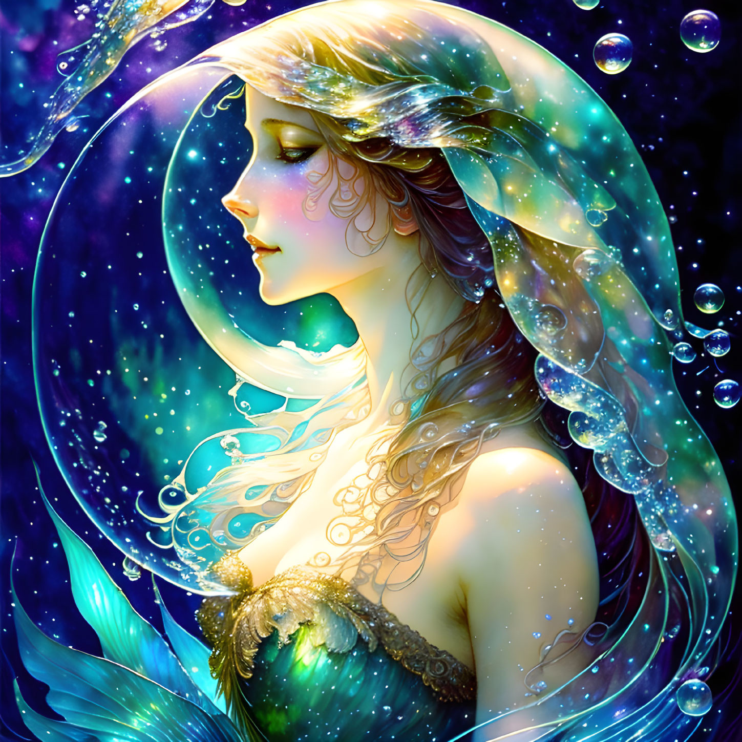 Ethereal woman in swirling water and bubbles on starry blue backdrop