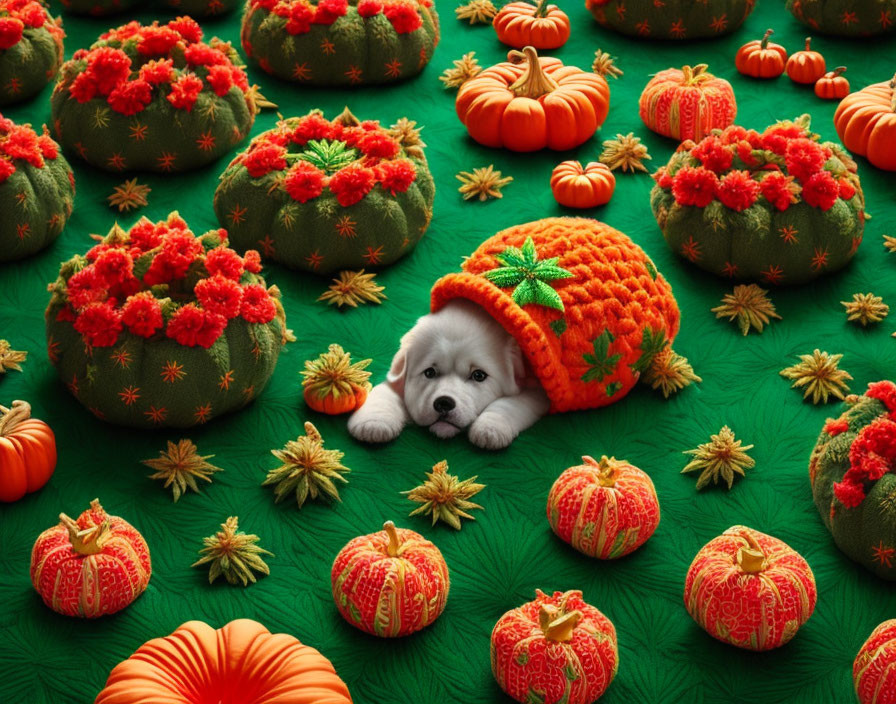 White Puppy in Orange Cap Among Pumpkins and Plants on Green Background
