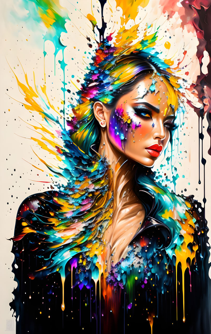 Colorful Abstract Portrait of Woman with Paint and Feathers