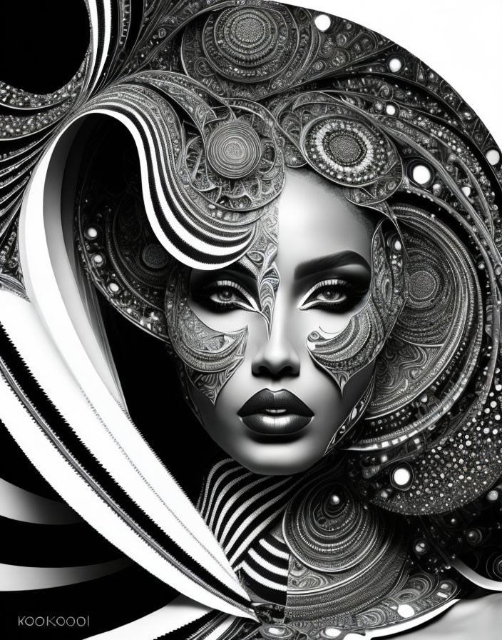 Detailed grayscale digital art of woman with ornamental headgear and facial markings.