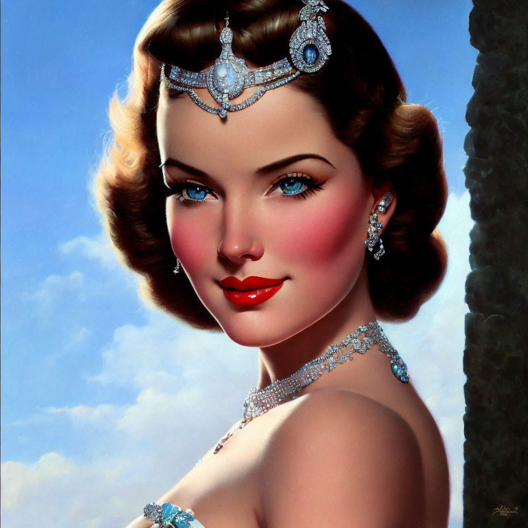 Vintage-style illustration of woman with short styled hair, jeweled headpiece, red lipstick, and subtle