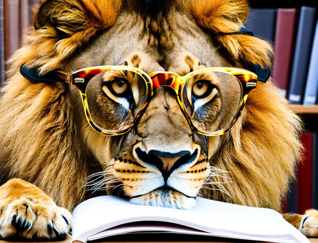Lion with Tortoiseshell Glasses Reading Book in Library