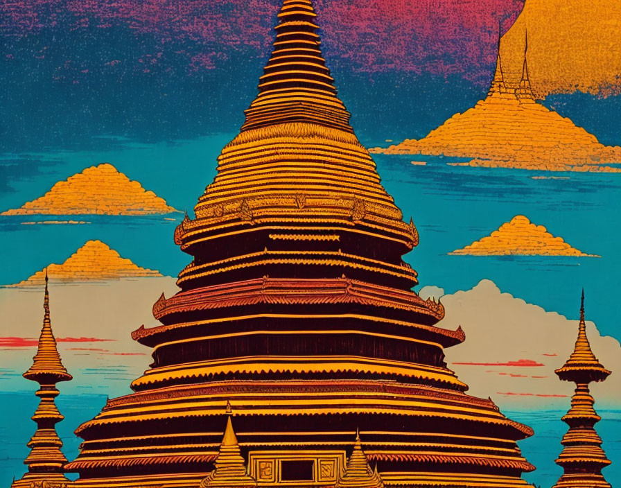 Vibrant illustration: Golden pagoda with intricate patterns on colorful background.