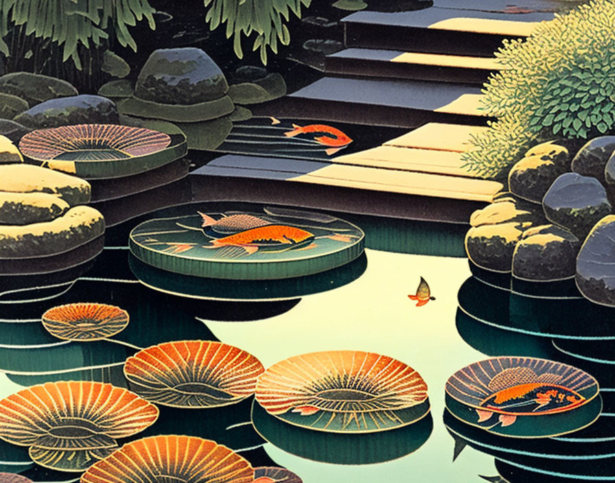 Tranquil pond with koi fish, lily pads, rocks, and butterfly