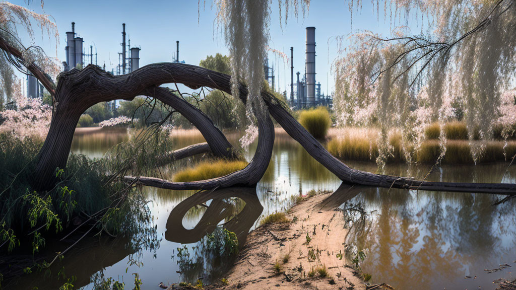 Twisted tree by serene lake with industrial skyline in the background