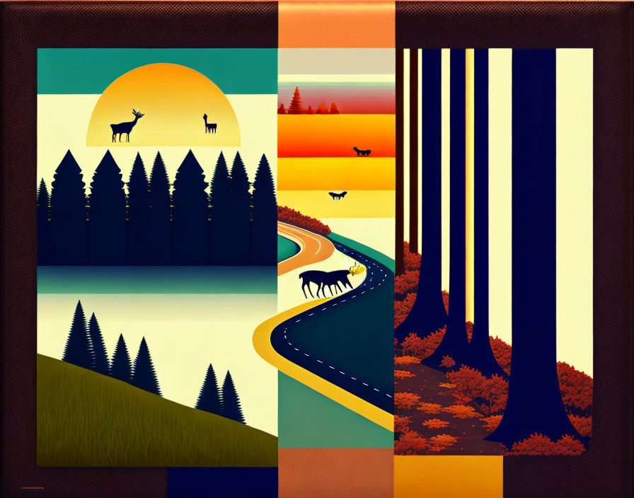 Four-panel artwork showcasing nature scenes with deer, trees, winding road, and colorful gradients.