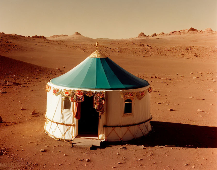 Blue Top Traditional Tent on Barren Martian-like Landscape