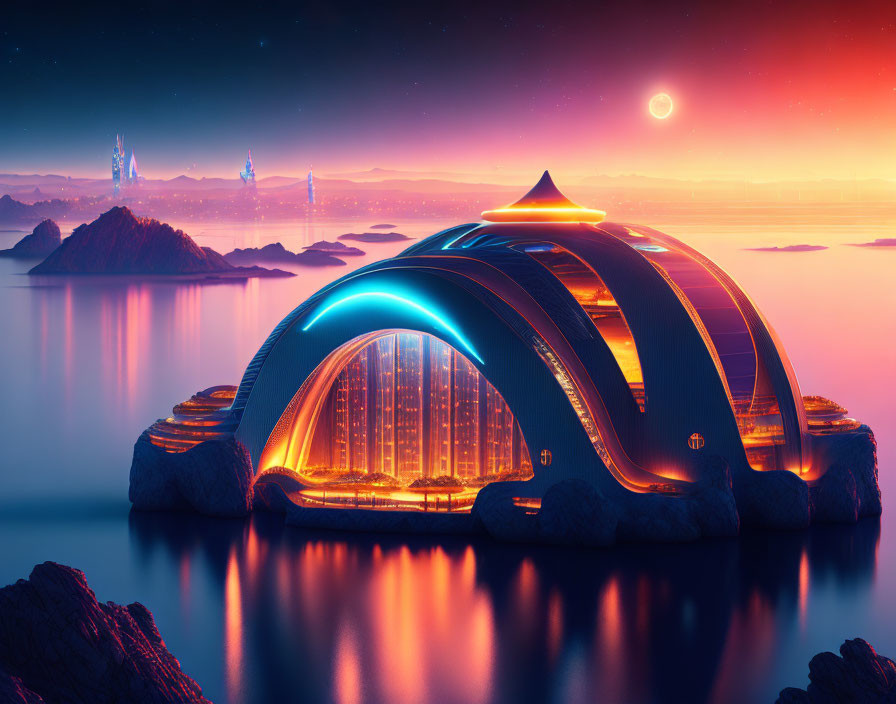 Futuristic dome-like structure on shoreline with glowing lights and dramatic sky
