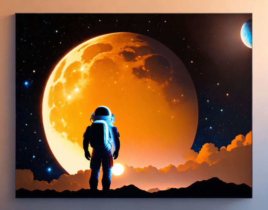 Astronaut gazing at vivid orange planet on canvas print