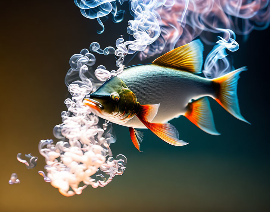 Vivid orange fins fish swimming through smoke on gradient background