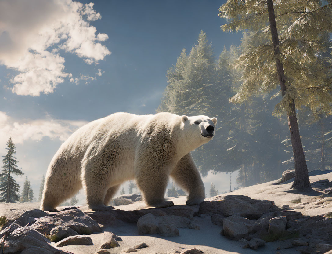 Polar bear on rocky terrain with pine trees and misty sky