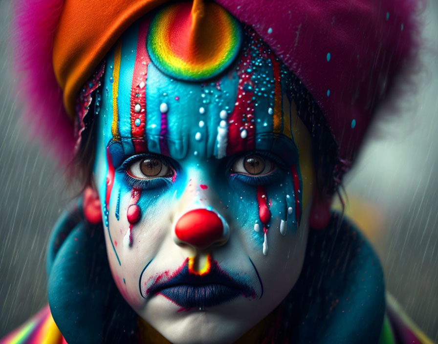 Vivid clown makeup close-up in the rain with colorful streaks.