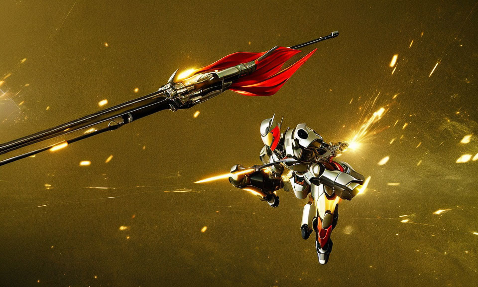 Metallic armored character in flight reaching for red-flagged spear amidst golden sparks on warm-toned backdrop