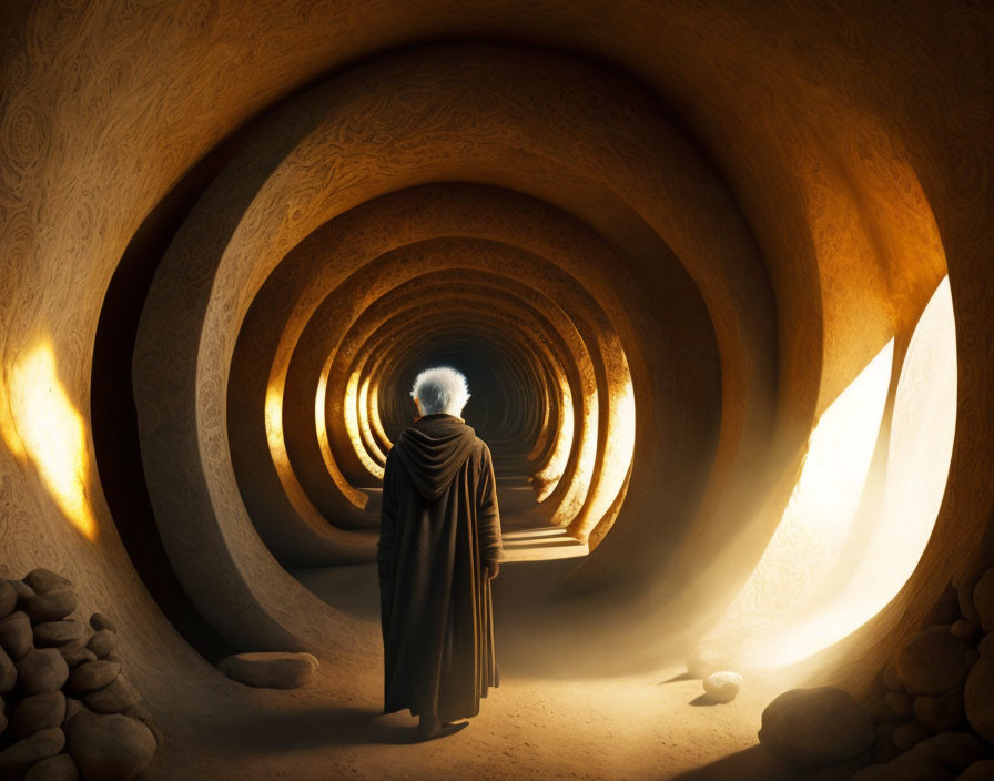 Cloaked figure in circular tunnel with intricate patterns and sunlight.