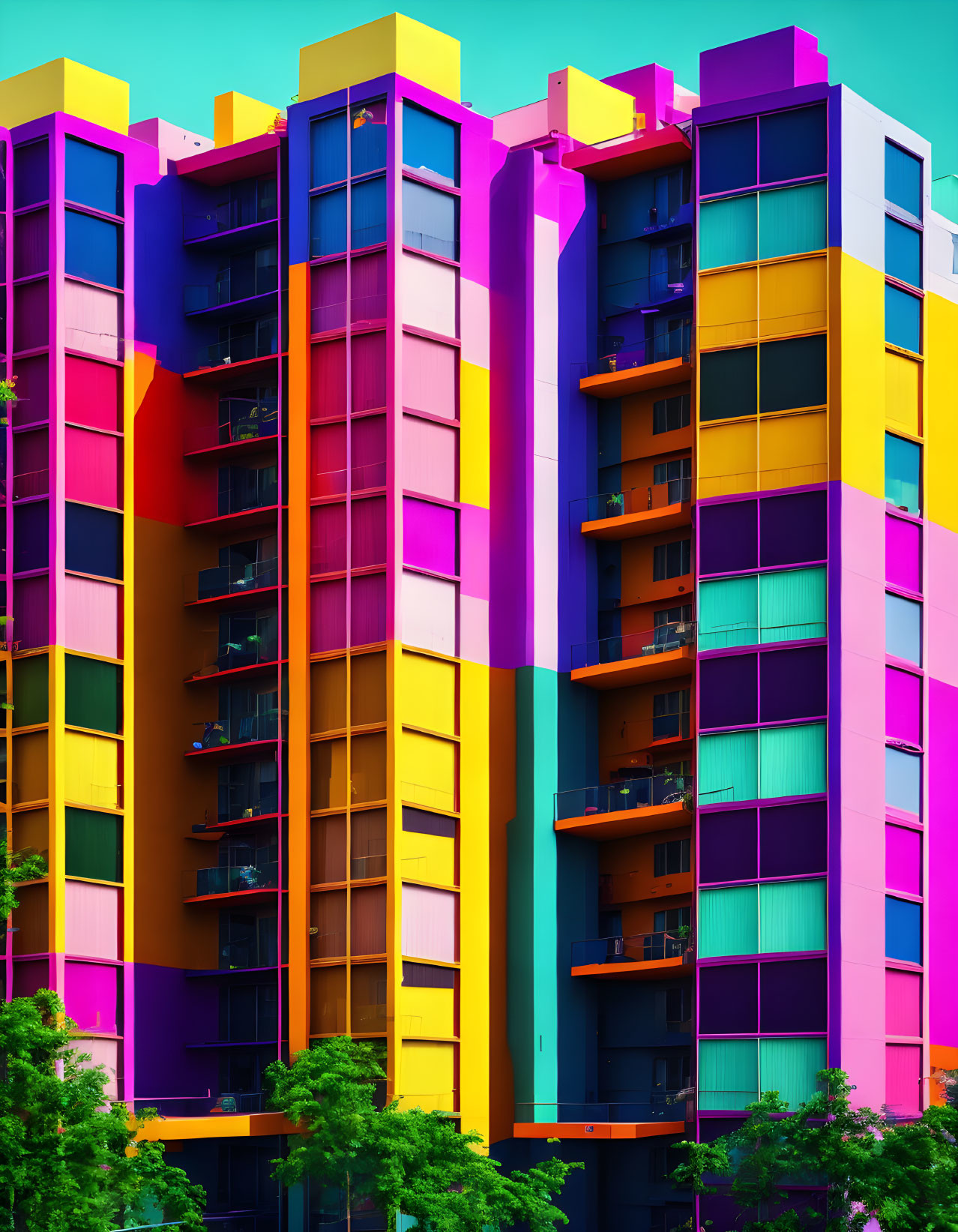 Colorful Multi-Colored Apartment Building with Balconies