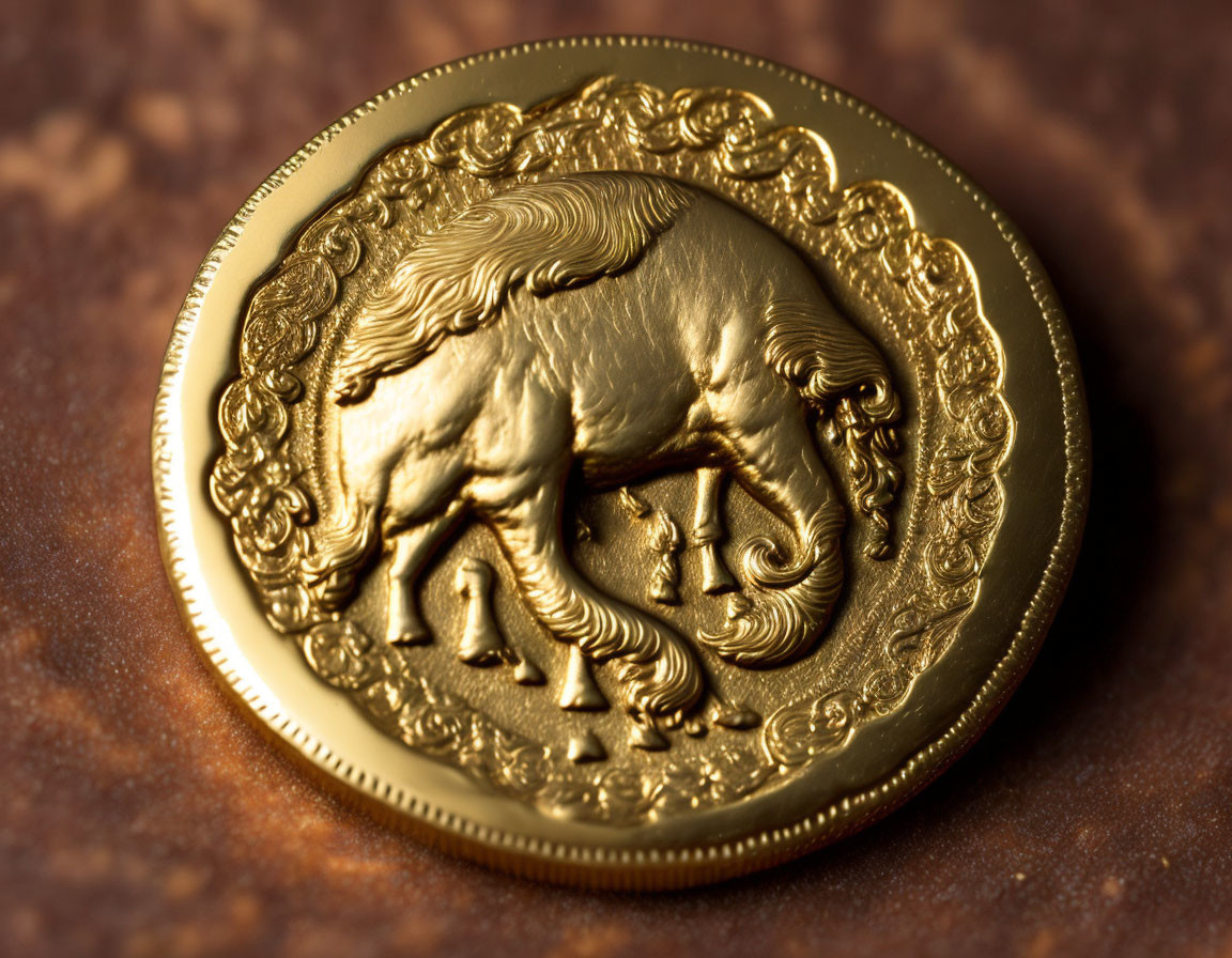 Gold coin with stylized horse design on dark background